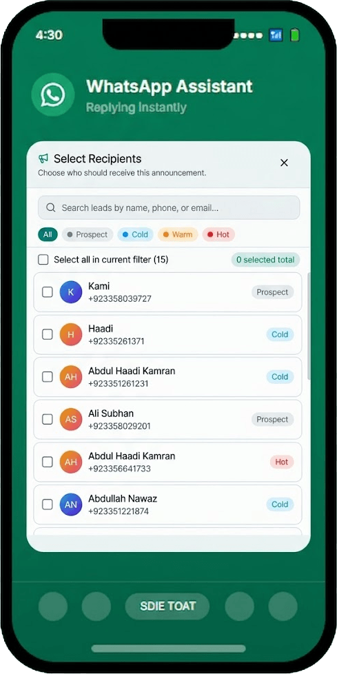 WhatsApp broadcast recipient selection